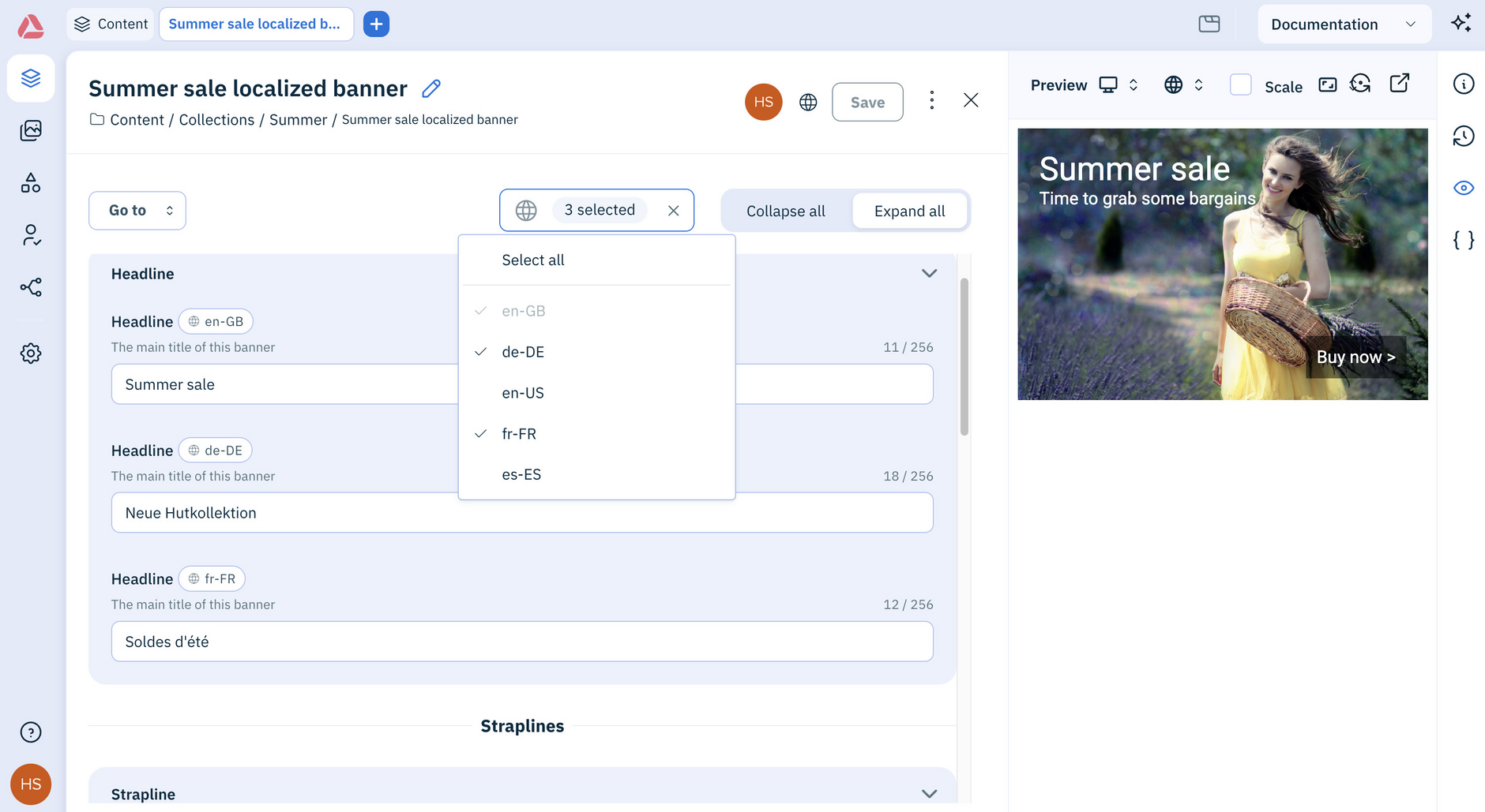 Amplience Content Operations Platform showing localized content in the editor