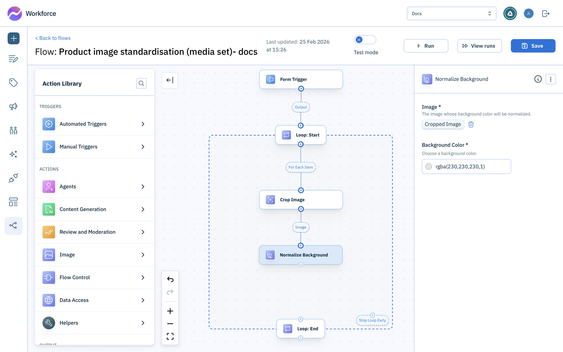 Add the Normalize background action to the flow