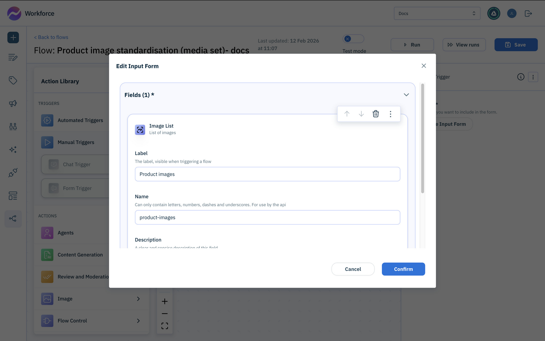 Configure the form trigger action with fields for the product name, features and images