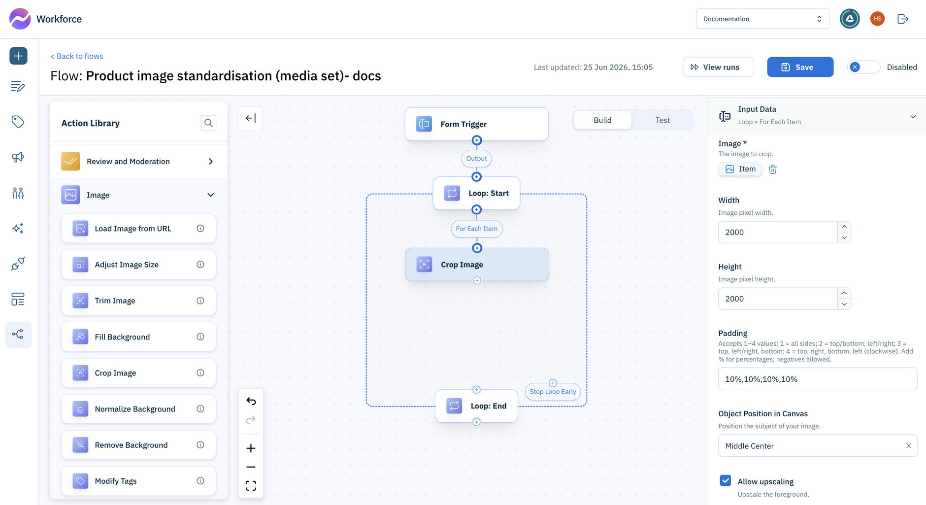 Add the crop image action and configure it for the flow