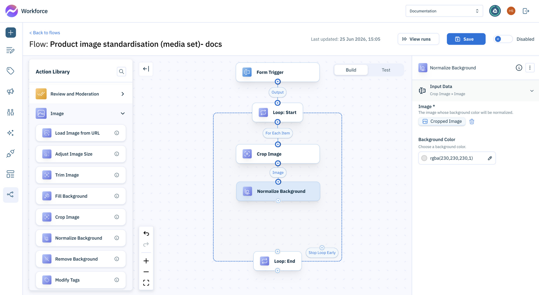 Add the Normalize background action to the flow