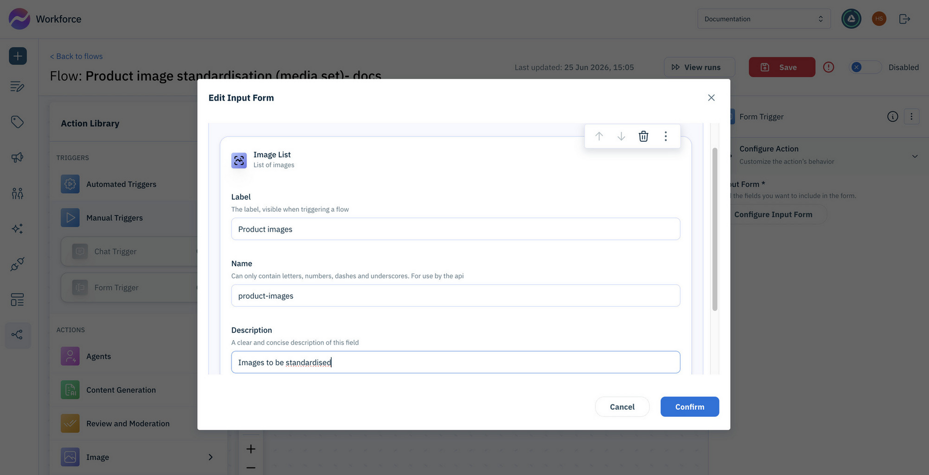Configure the form trigger action with fields for the product name, features and images