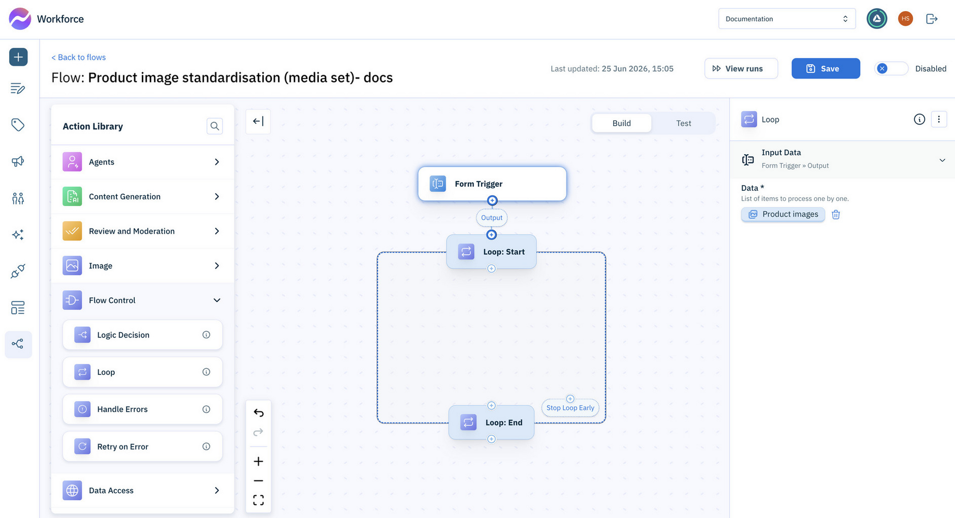Add the loop action and configure it for the flow