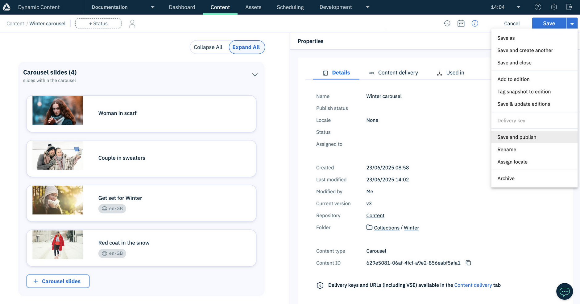 Saving and publishing an item from the content form
