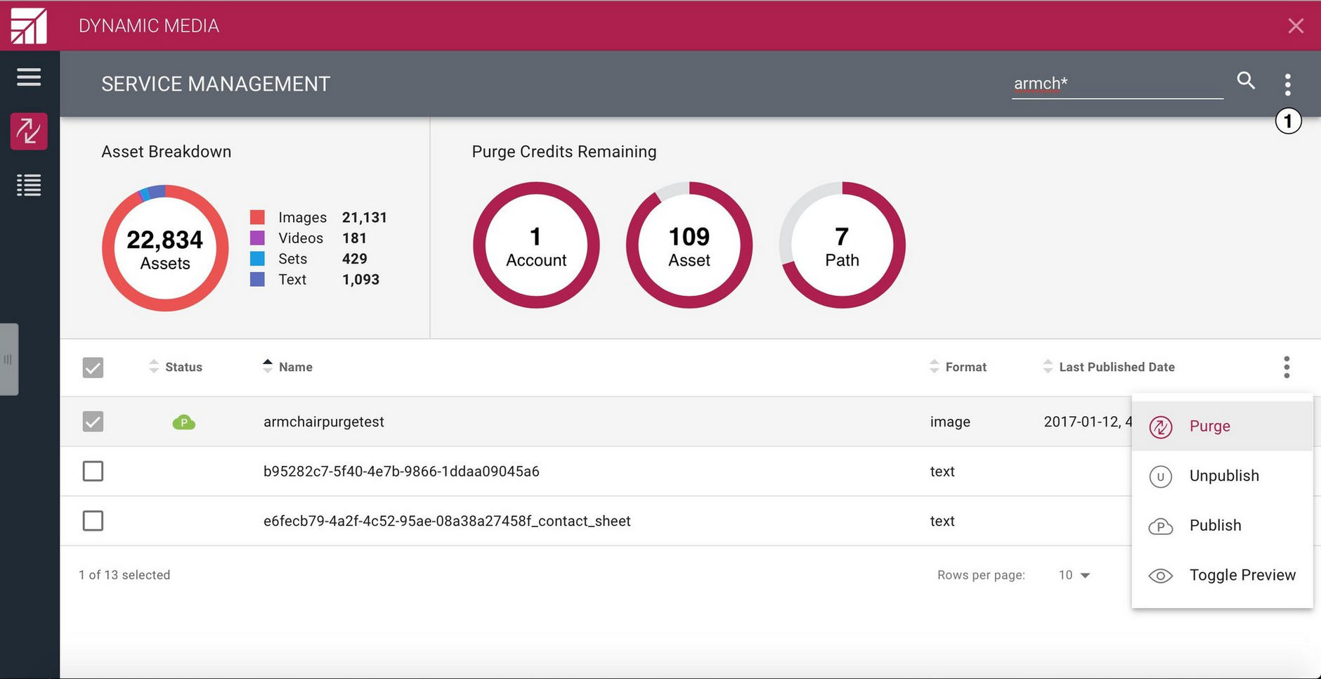 The service management window in the Dynamic Media app.