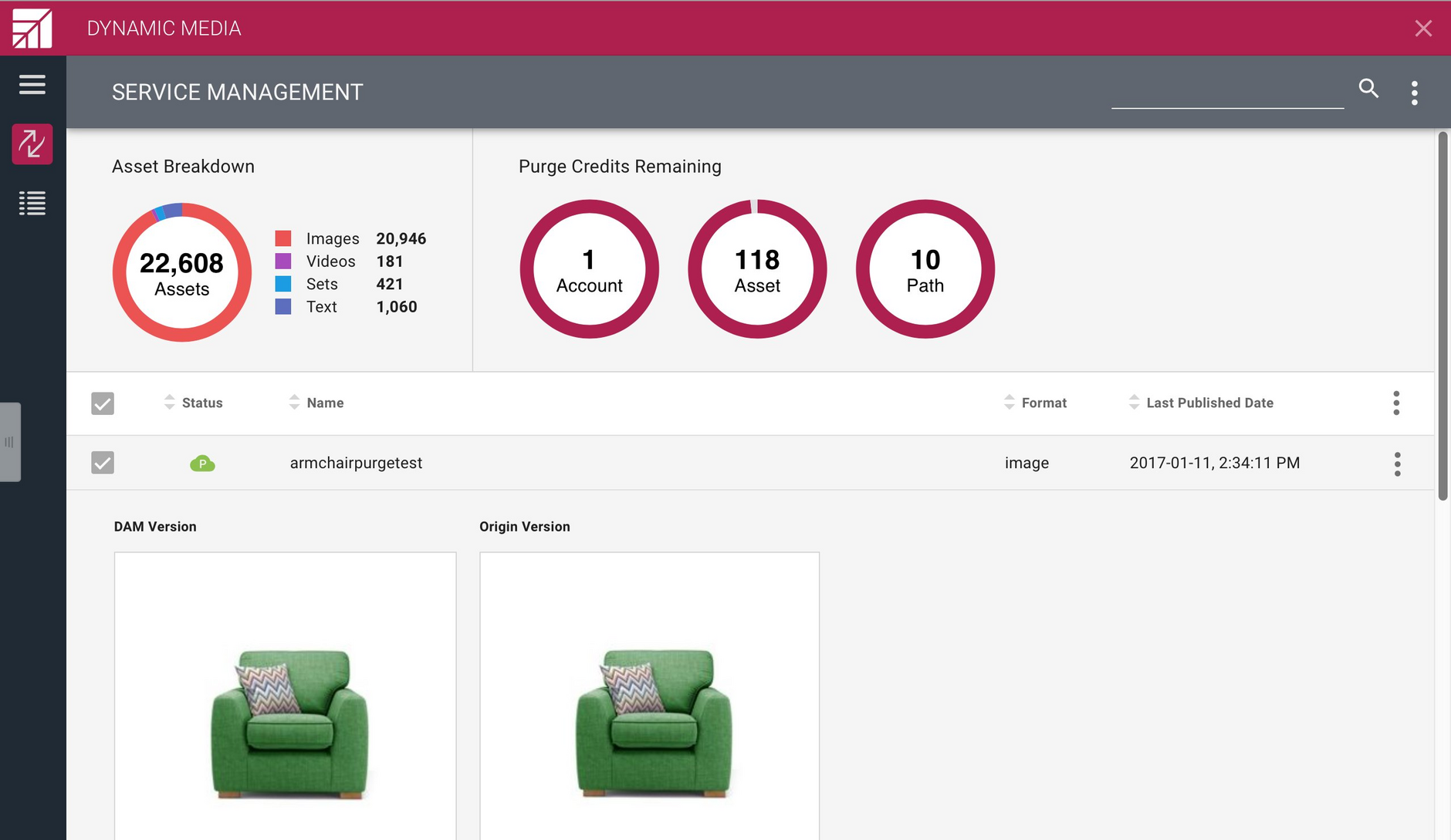 The green armchair image has been uploaded to Content Hub and published. Now choosing toggle preview will show the green armchair in both images.