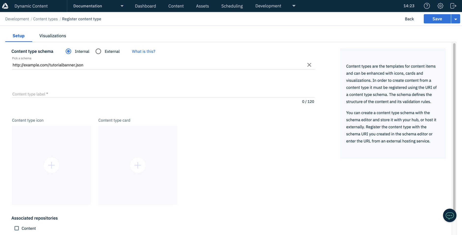 The register content types window opens with the schema selected