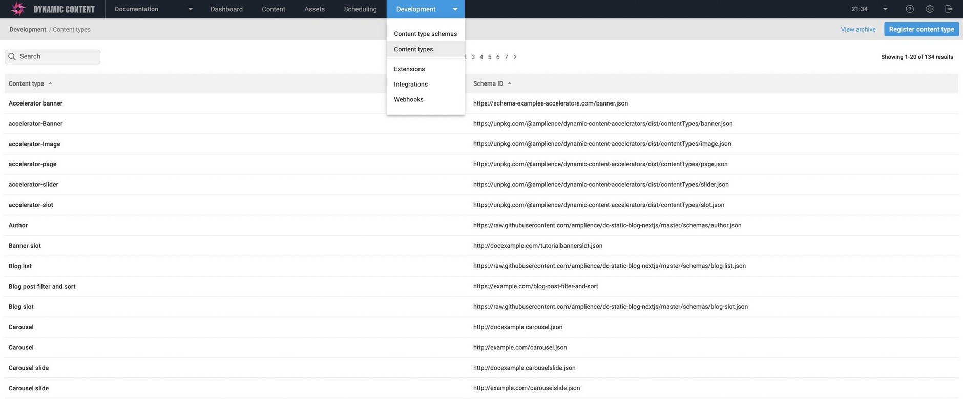 The content types list