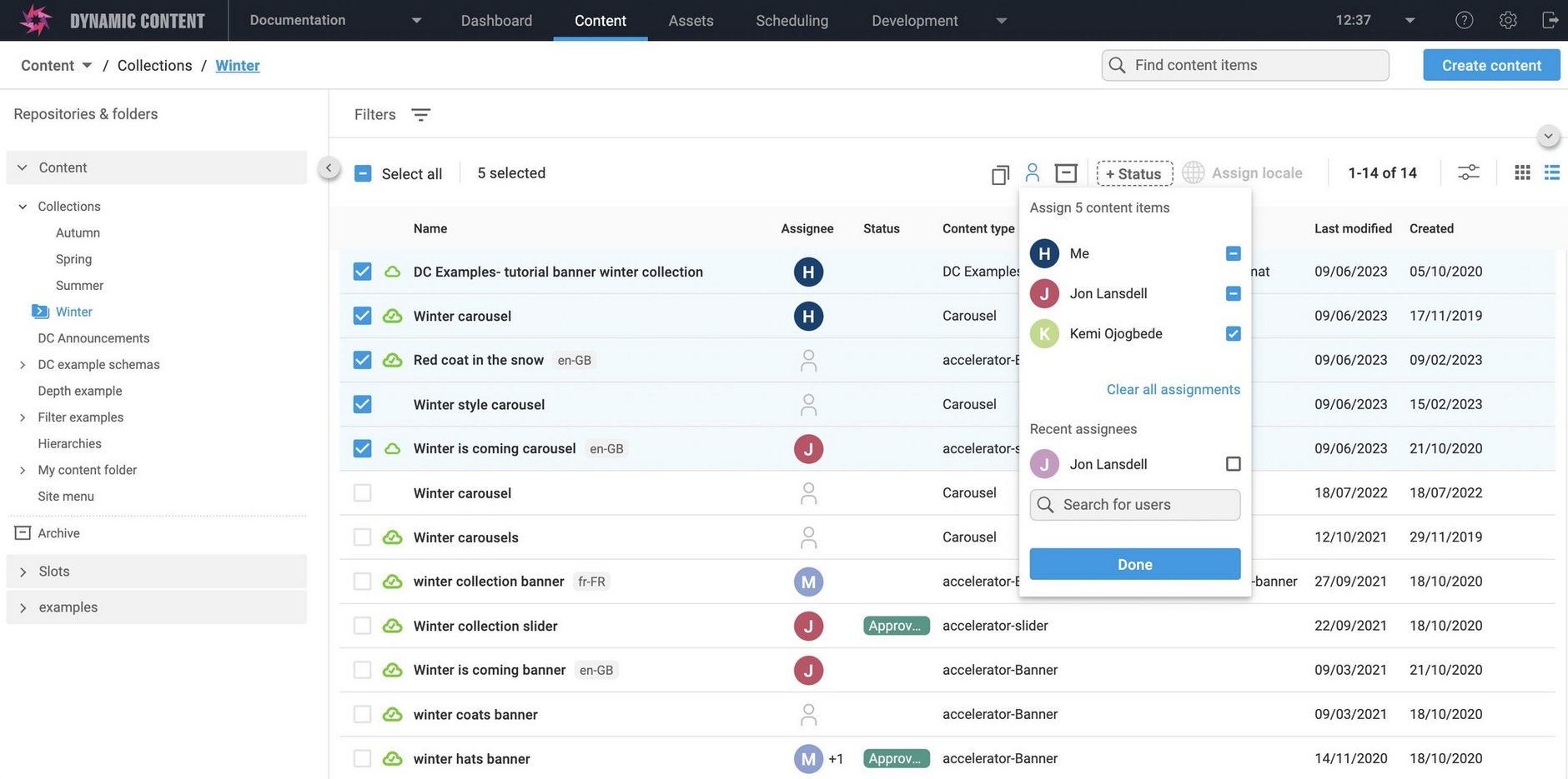 Bulk assign content to user from Recent assignees