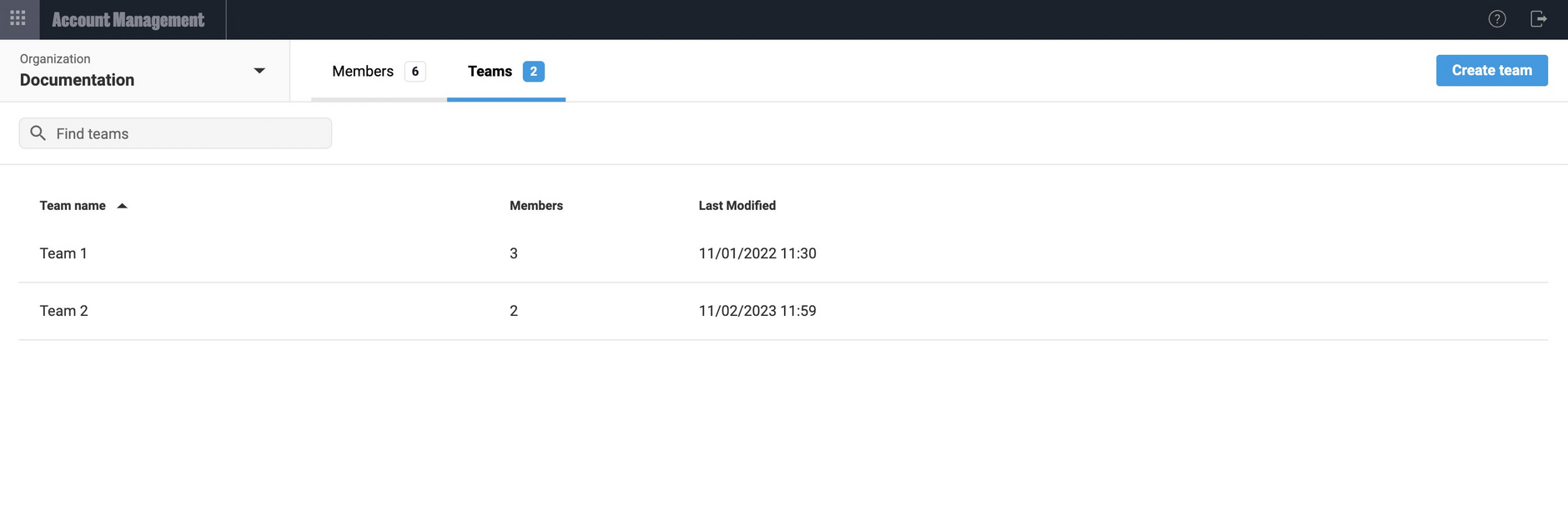 Teams tab in the Account management panel