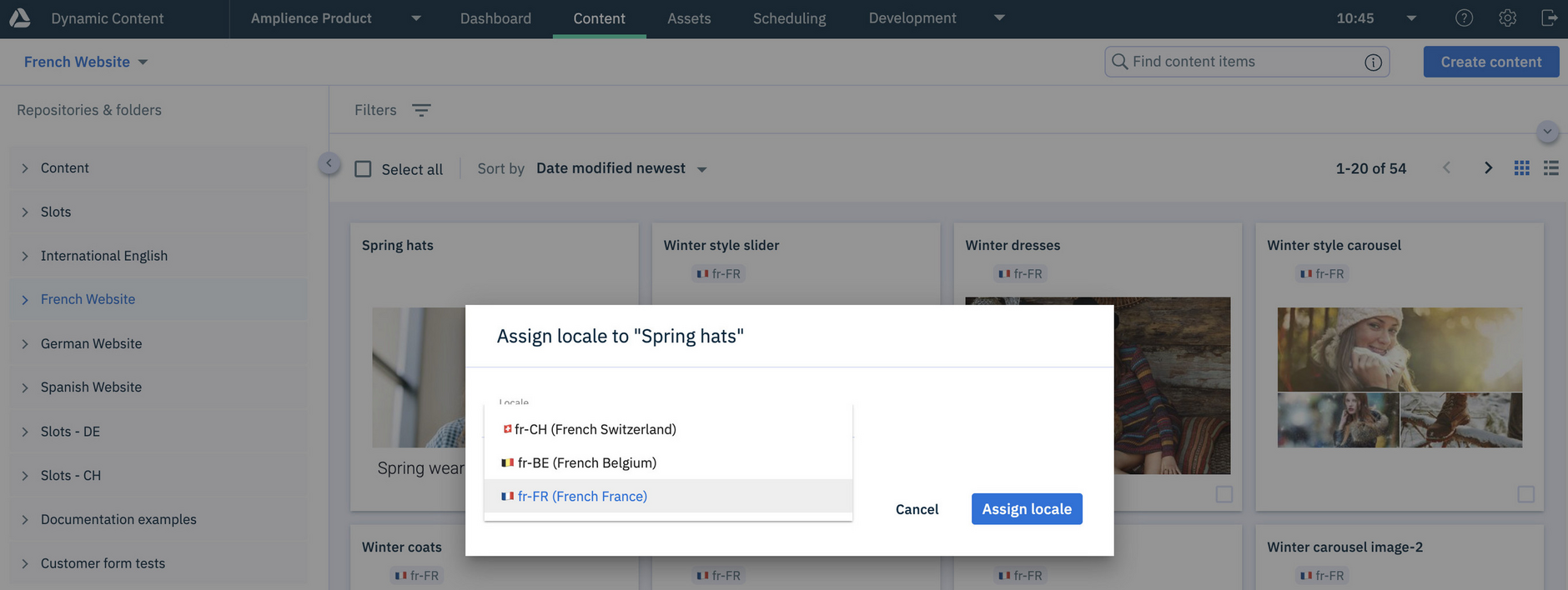 Choosing from the locales assigned to the frenchWebsite repository