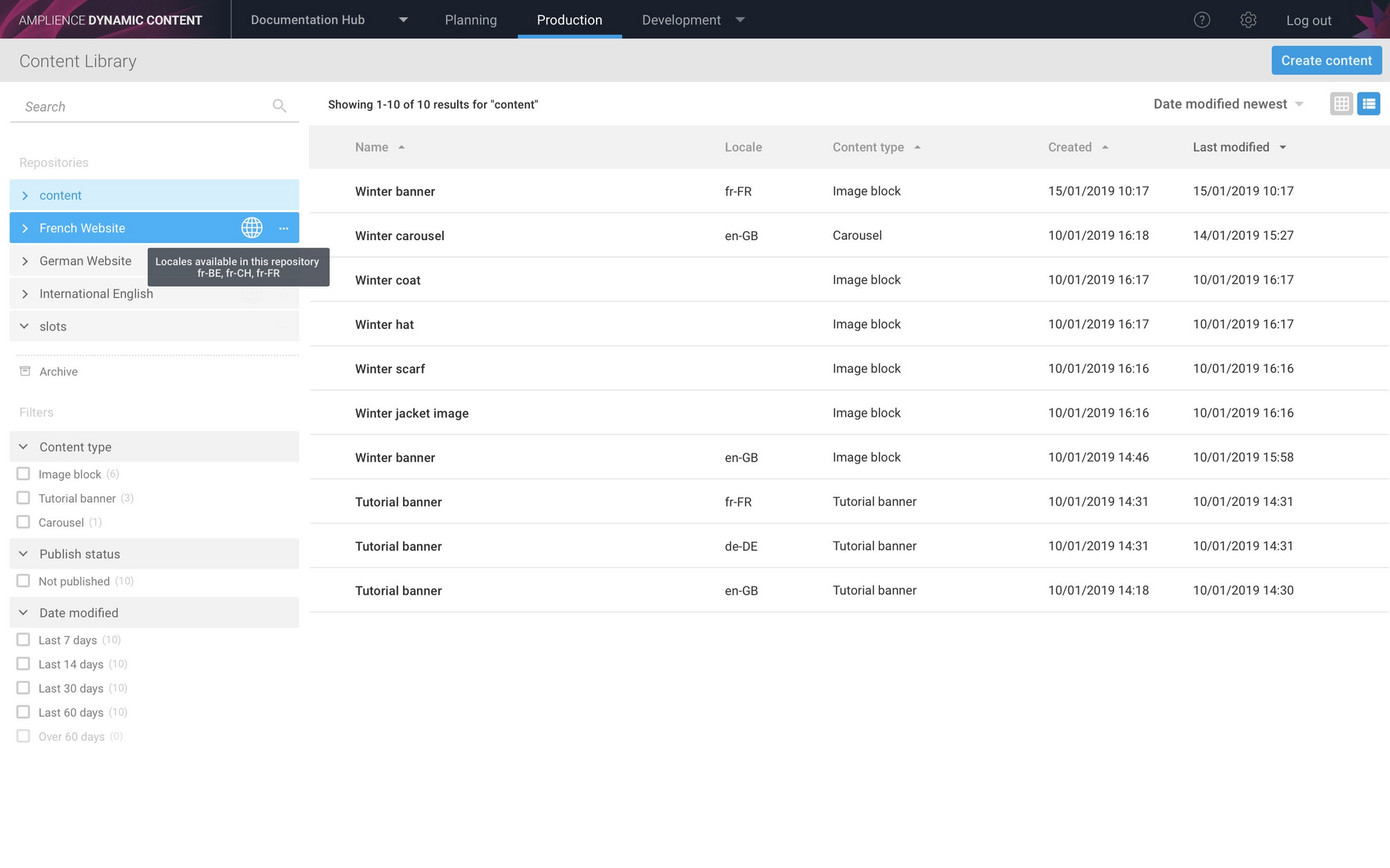 Hovering over a repository will display the locales assigned to it