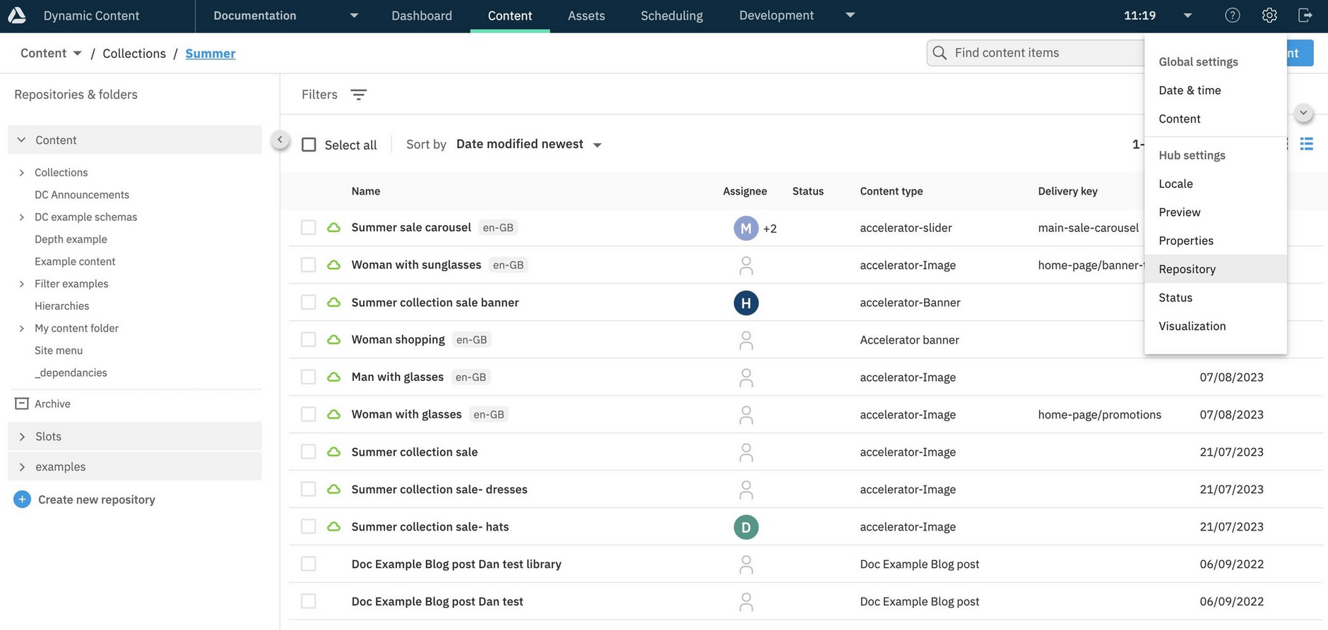 The repository settings window