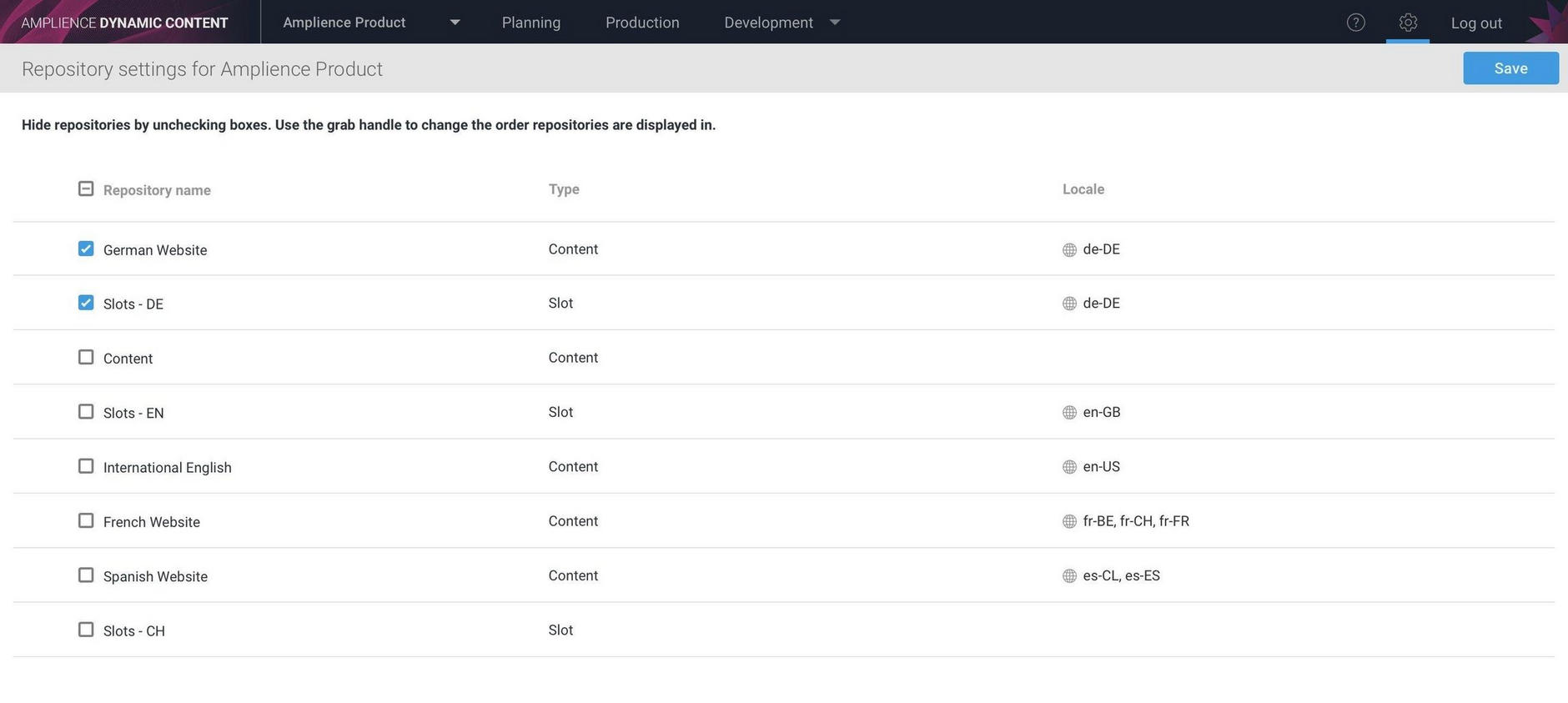 The repository settings window