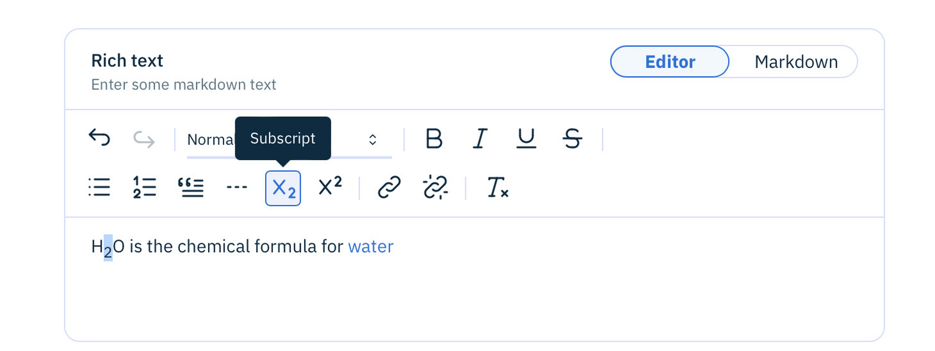 The rich text editor now supports subscript and superscript