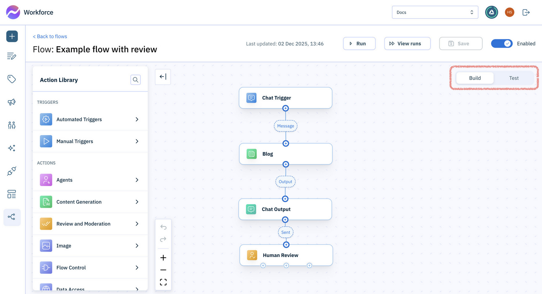 The Build or Test mode switch is now located in the Flow editor