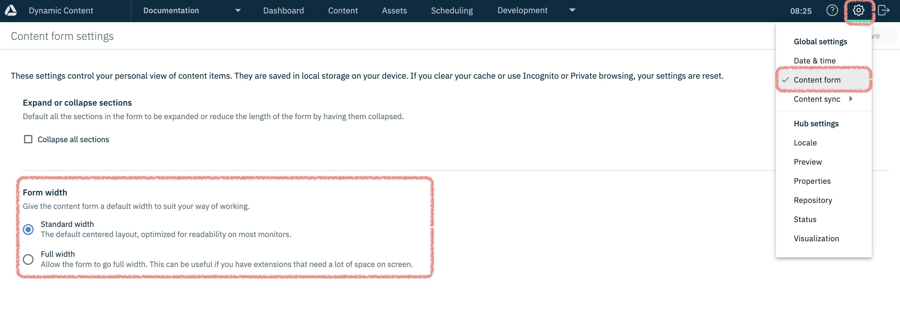 Content form settings dialog