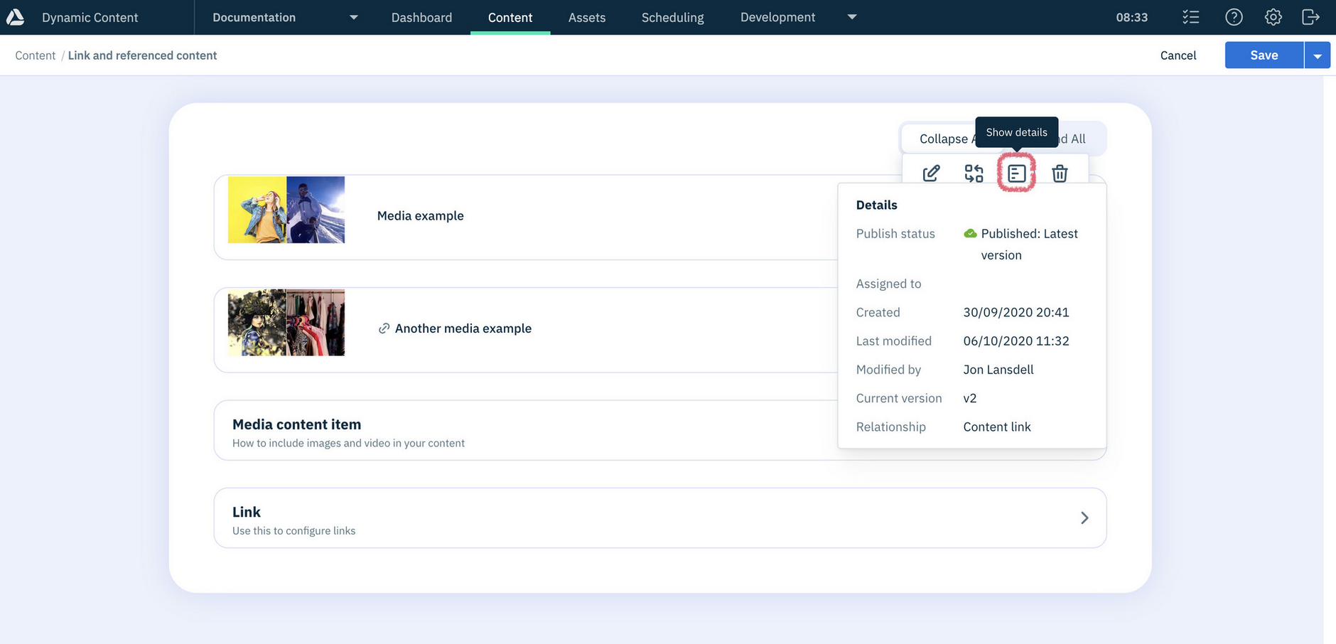 Dynamic Content editing form showing additional details for linked content