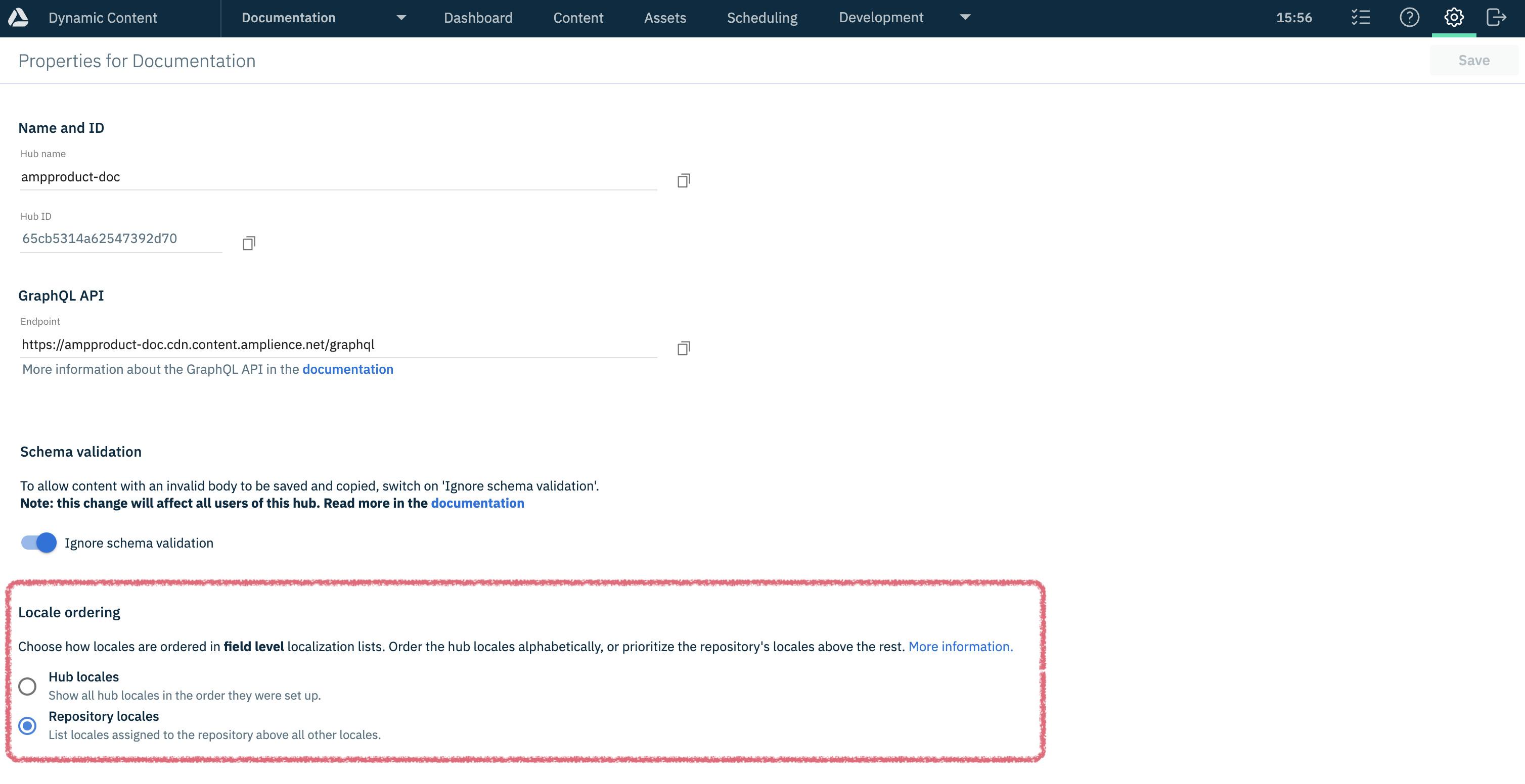 Dynamic Content properties window with the locale ordering option