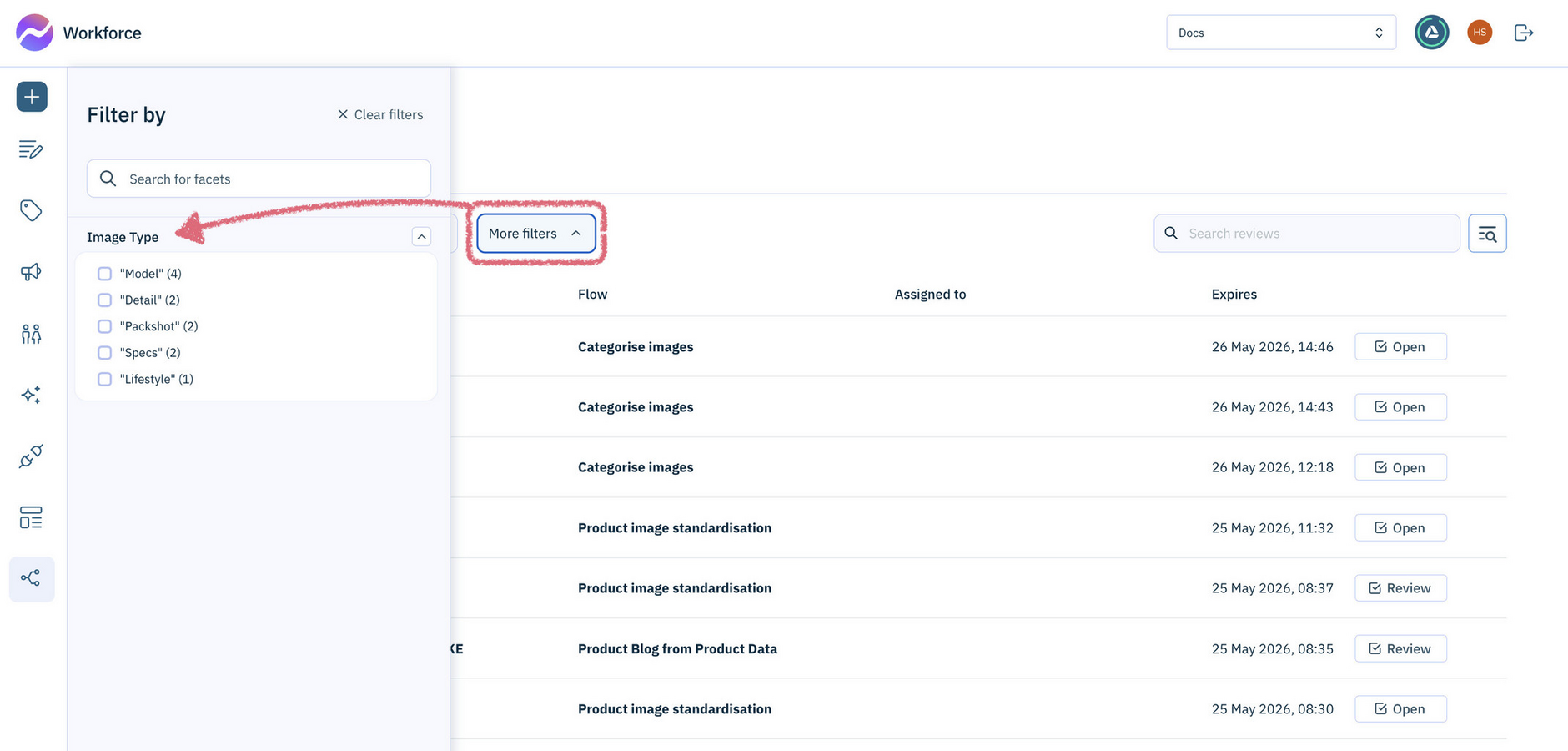 Workforce Flow reviews list showing custom filters
