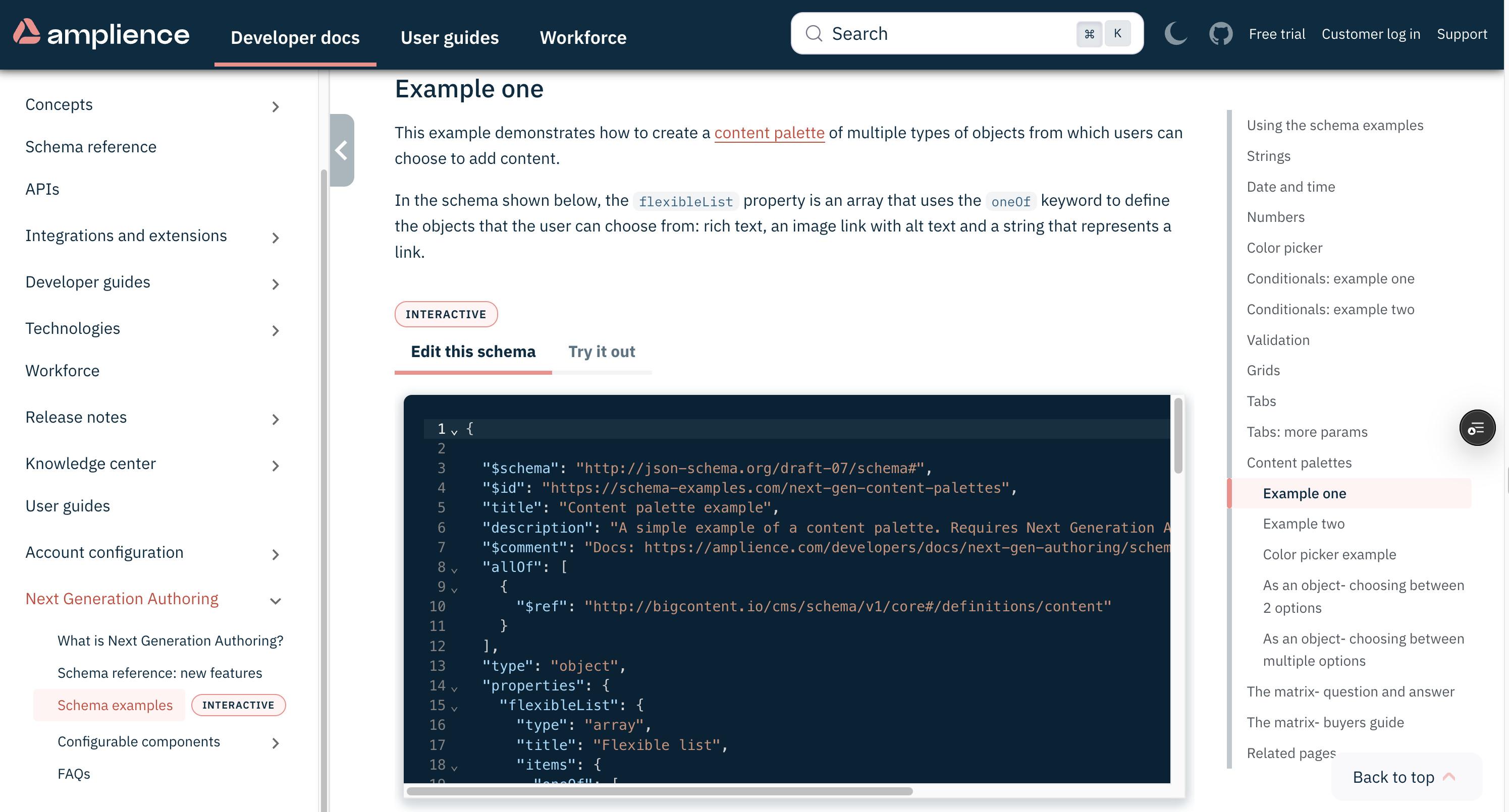 Example interactive documentation page- schema view