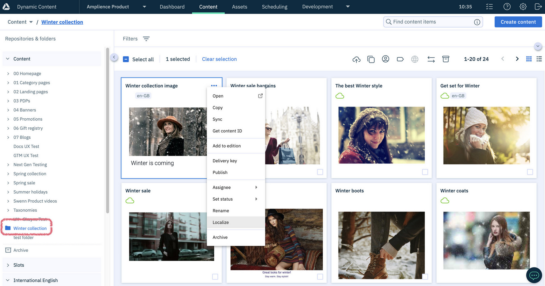 Dynamic Content library window with content selected to localize
