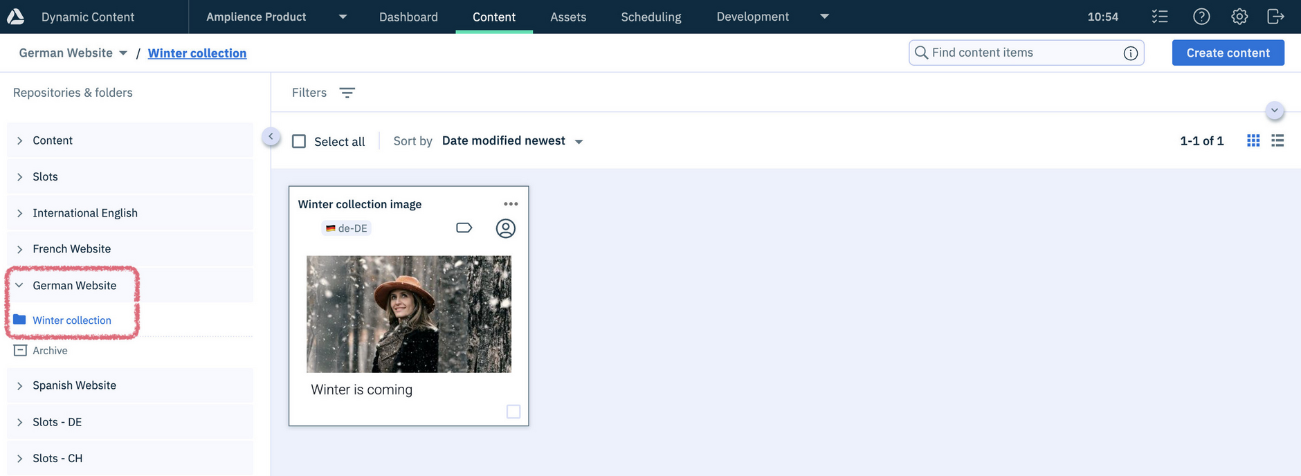 Dynamic Content library window showing content localized to repository folder