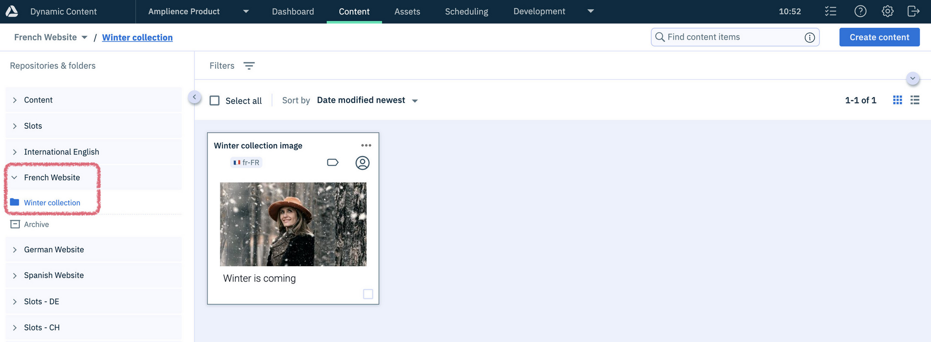 Dynamic Content library window showing content localized to repository folder