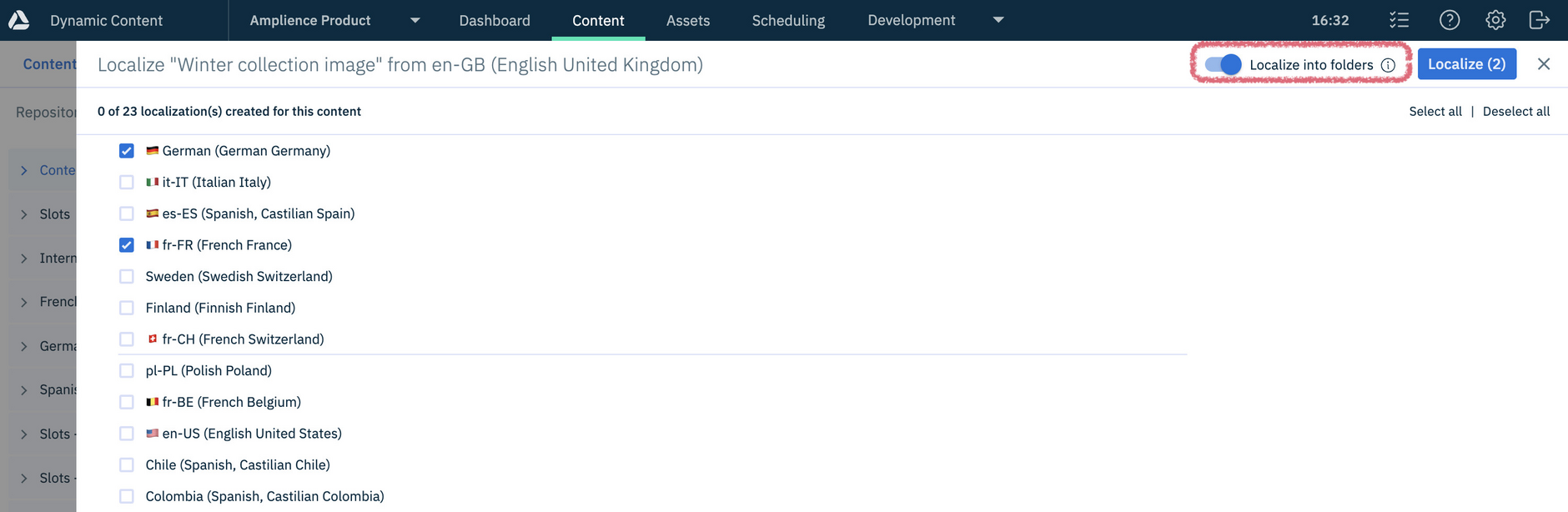 Dynamic Content localize window showing the localize to folder option turned on