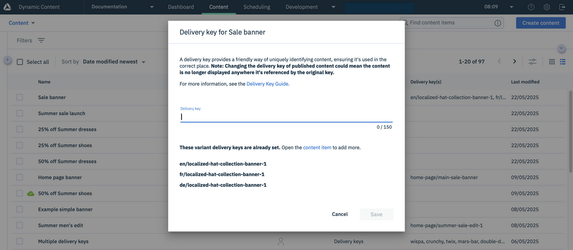 Dynamic Content multiple delivery keys displayed in delivery key dialog