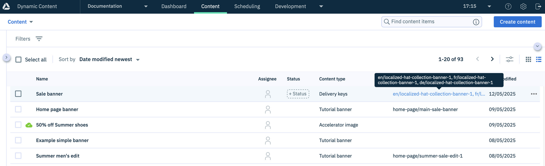 Dynamic Content multiple delivery keys displayed in content library