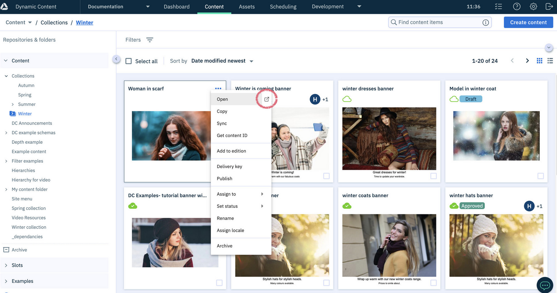 Dynamic Content library window with the content contextual menu open