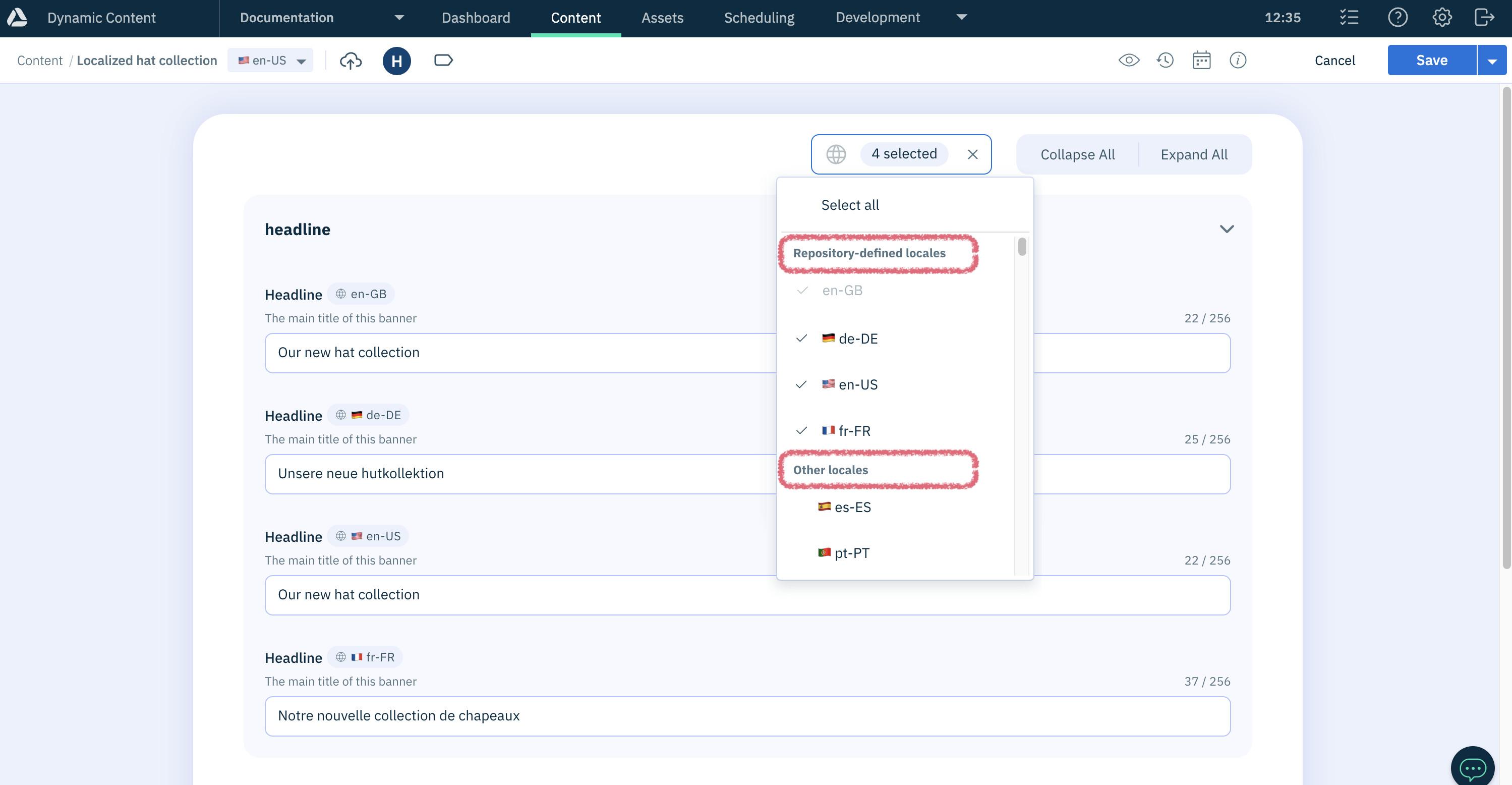 Dynamic Content editing form locales list with repository assigned locales pinned to the top