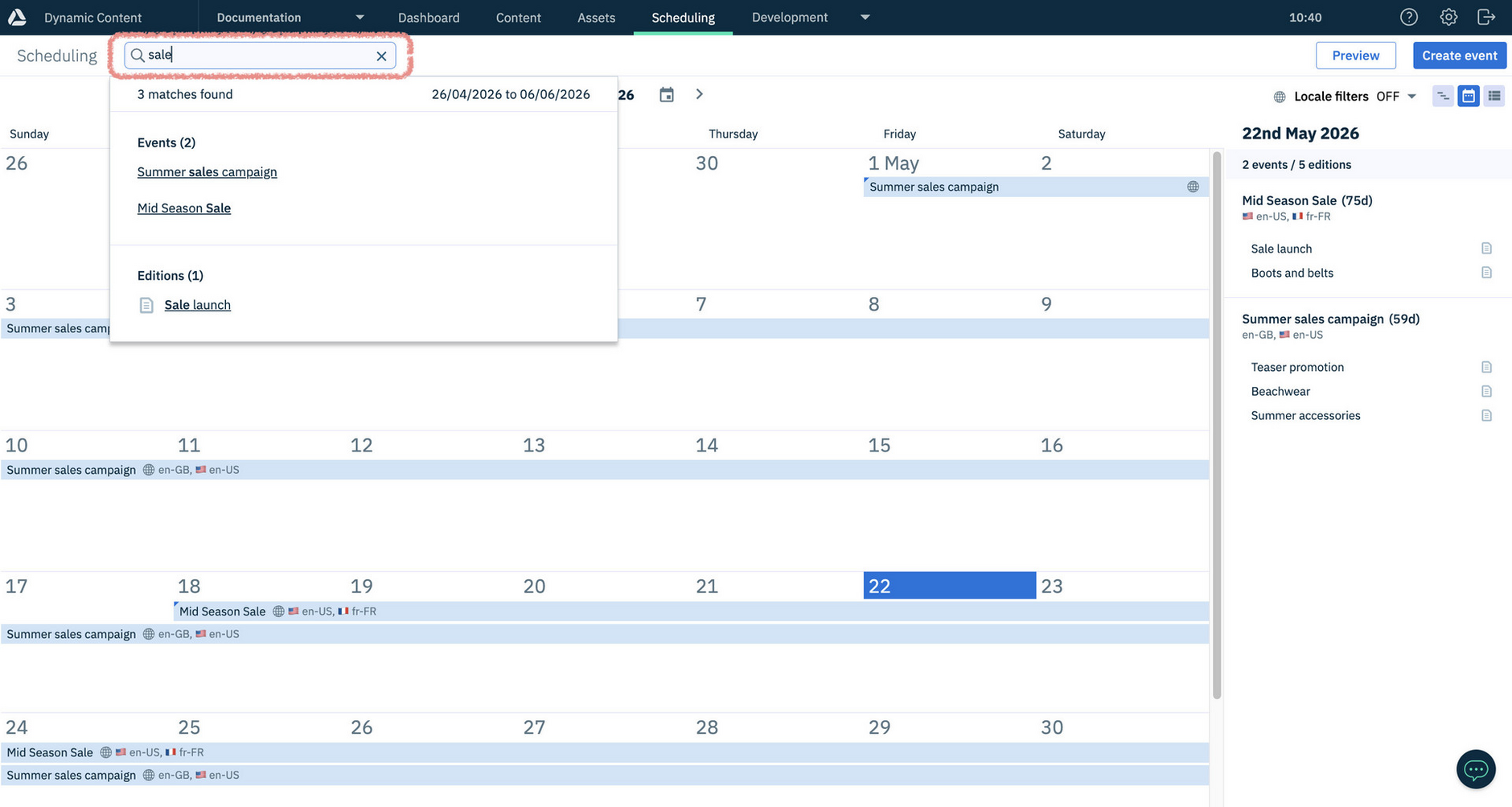 New search bar to find events and editions in Dynamic Content scheduling