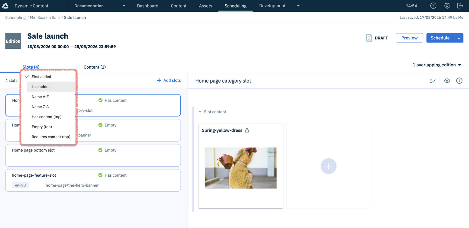 Slot sort options in edition