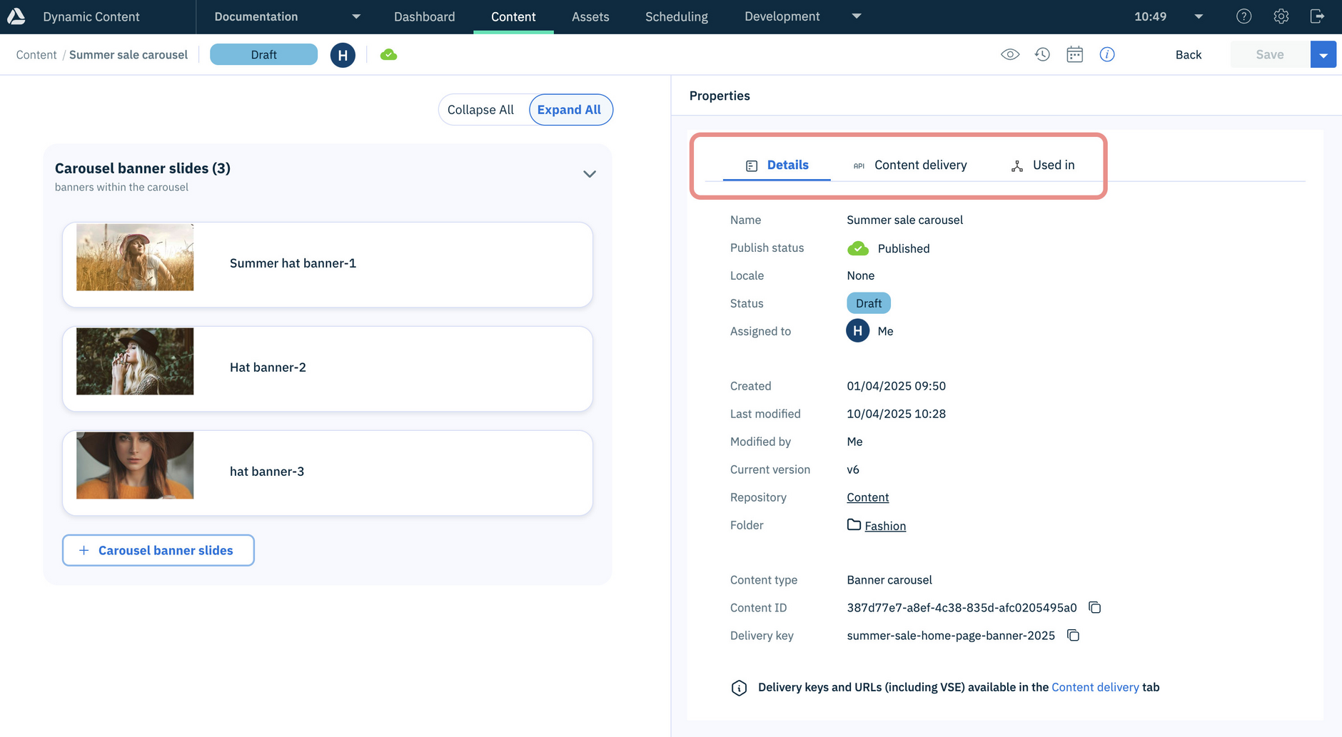 Dynamic Content properties Details tab