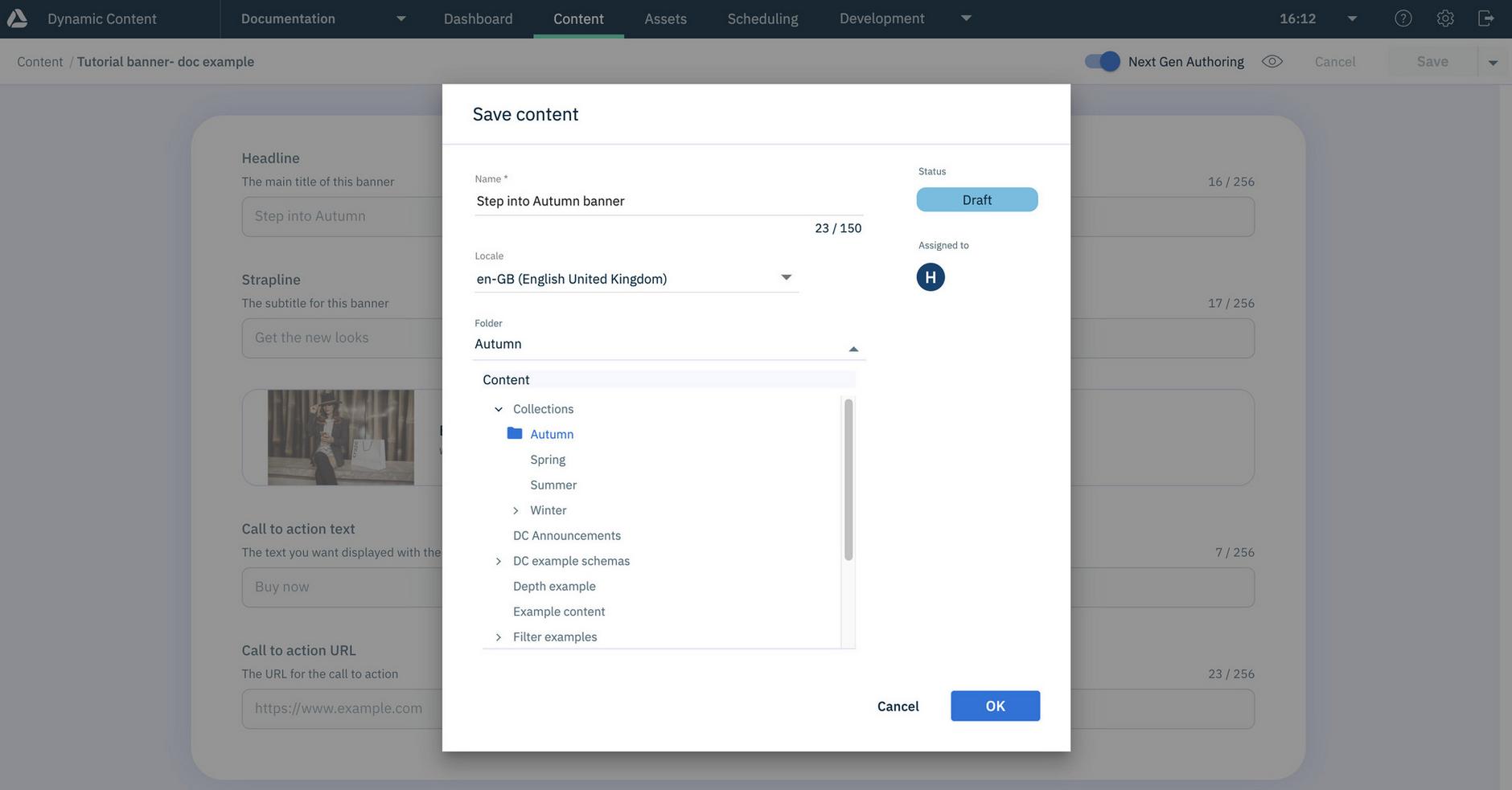 The Save dialog. From here you can give the content a name, choose a folder, locale, assignee and status.