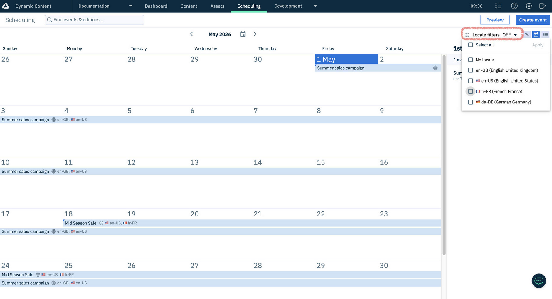 Choosing a locale filter for the calendar
