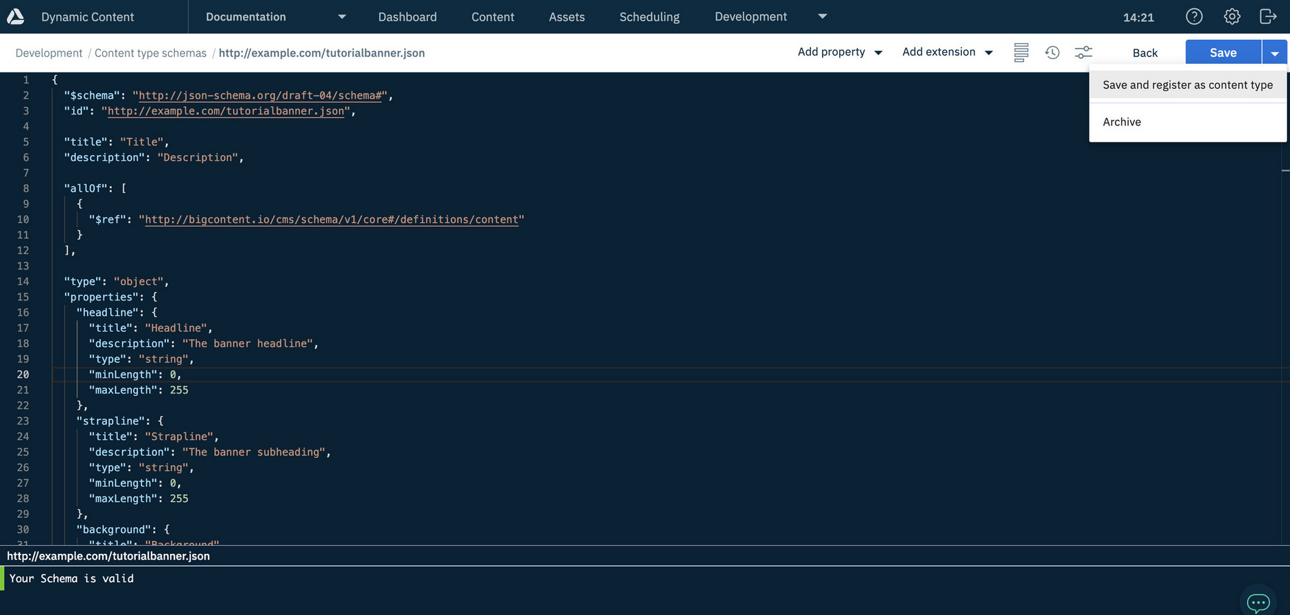 Registering a content type from the schema editor Save menu