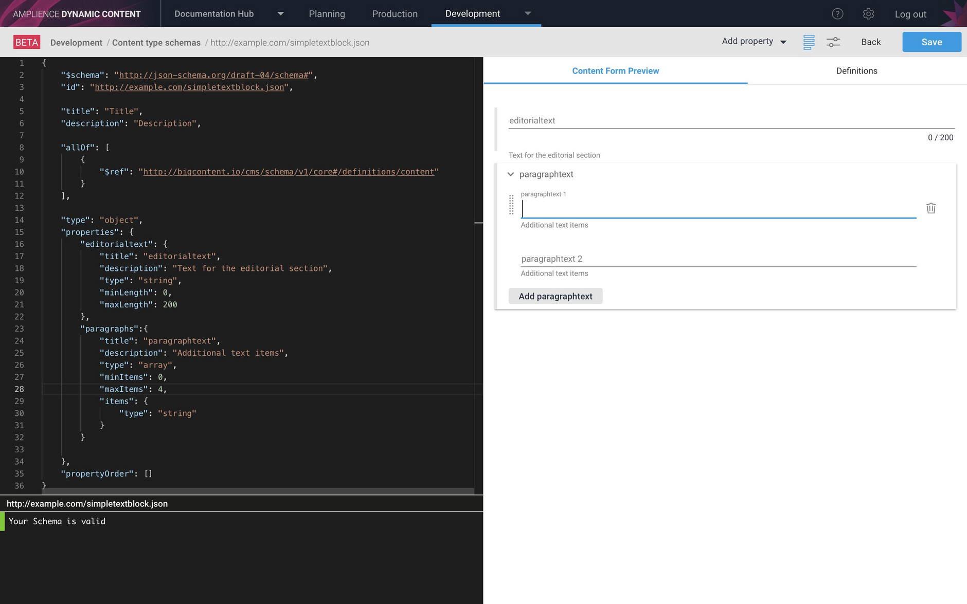 Previewing the schema properties