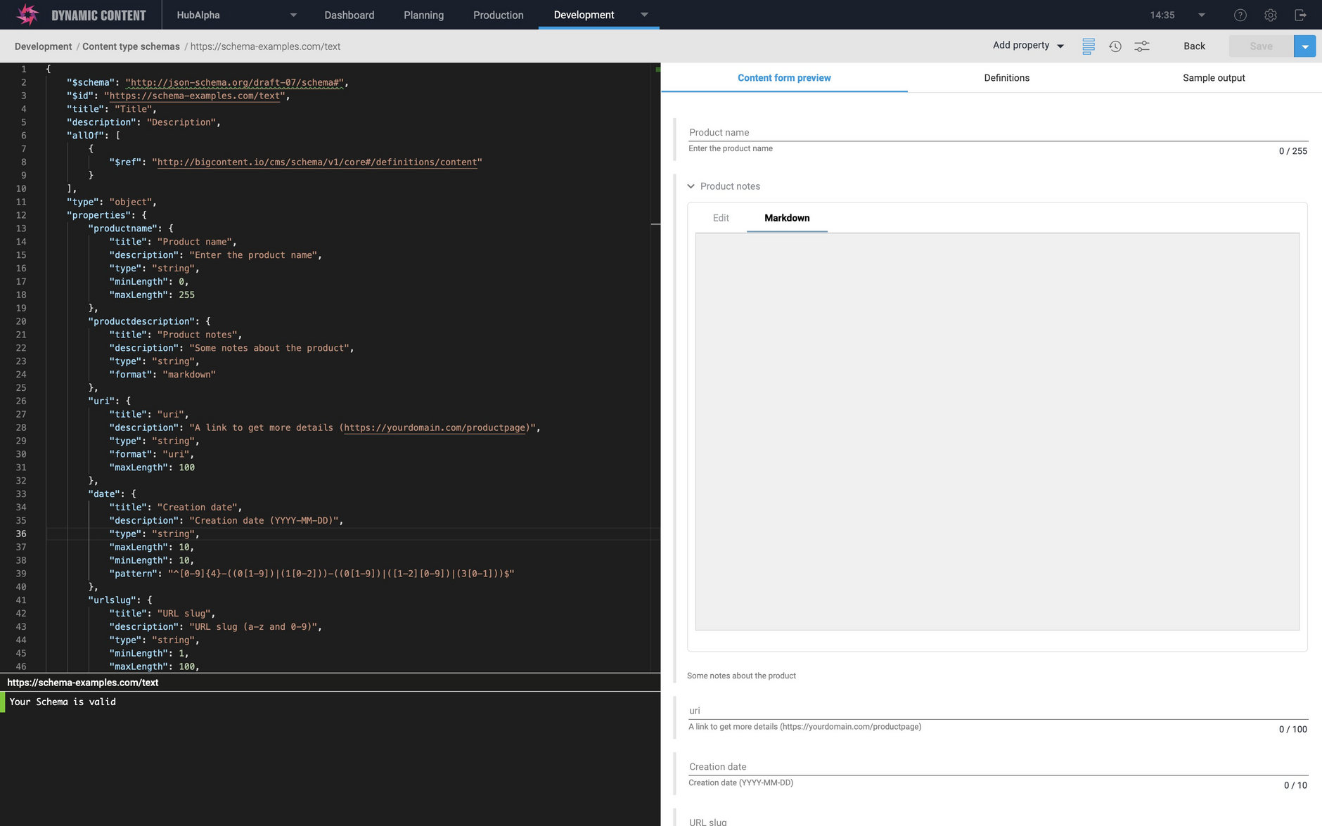 The schema editor is opened with the schema you selected