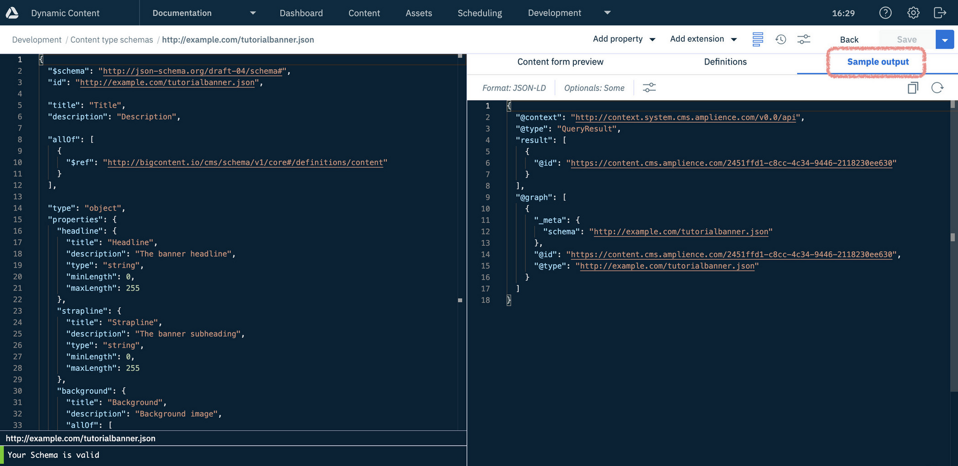 Schema editor sample output panel displaying example JSON output