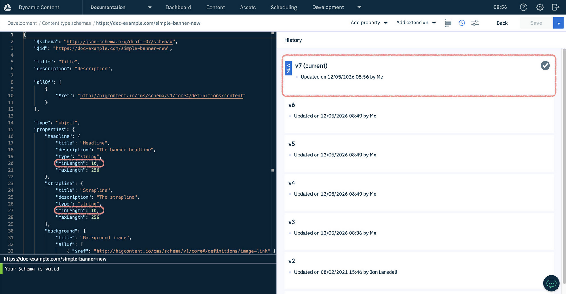 Dynamic Content schema window with the restored version highlighted