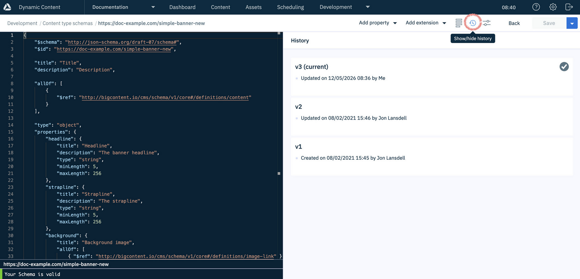 Dynamic Content schema window with the show hide icon highlighted