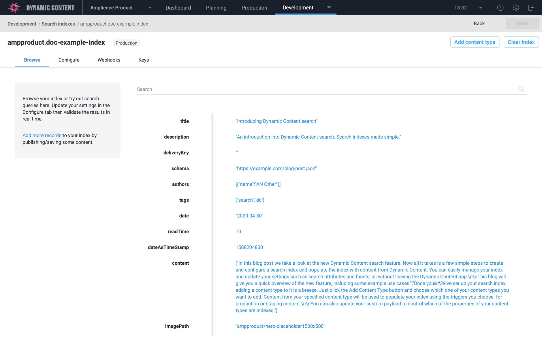 Only those properties included in the custom payload are added to the index