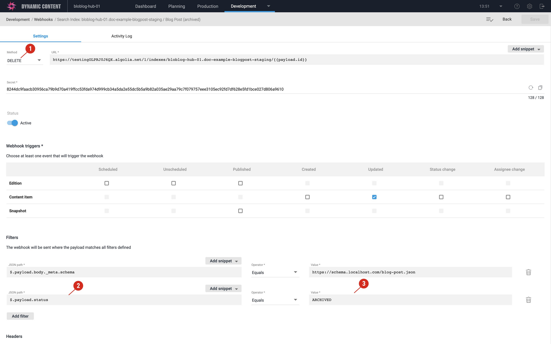 The archive webhook is setup for you when a content type is added to the index. It's triggered when a content item is archived in Dynamic Content and will remove the corresponding record from the search index