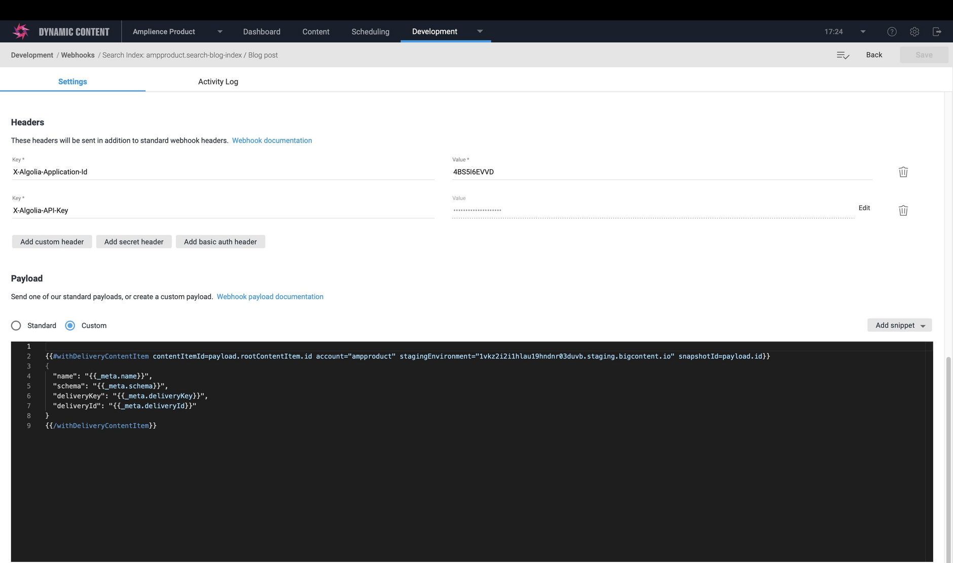 Viewing the custom payload for a search index.