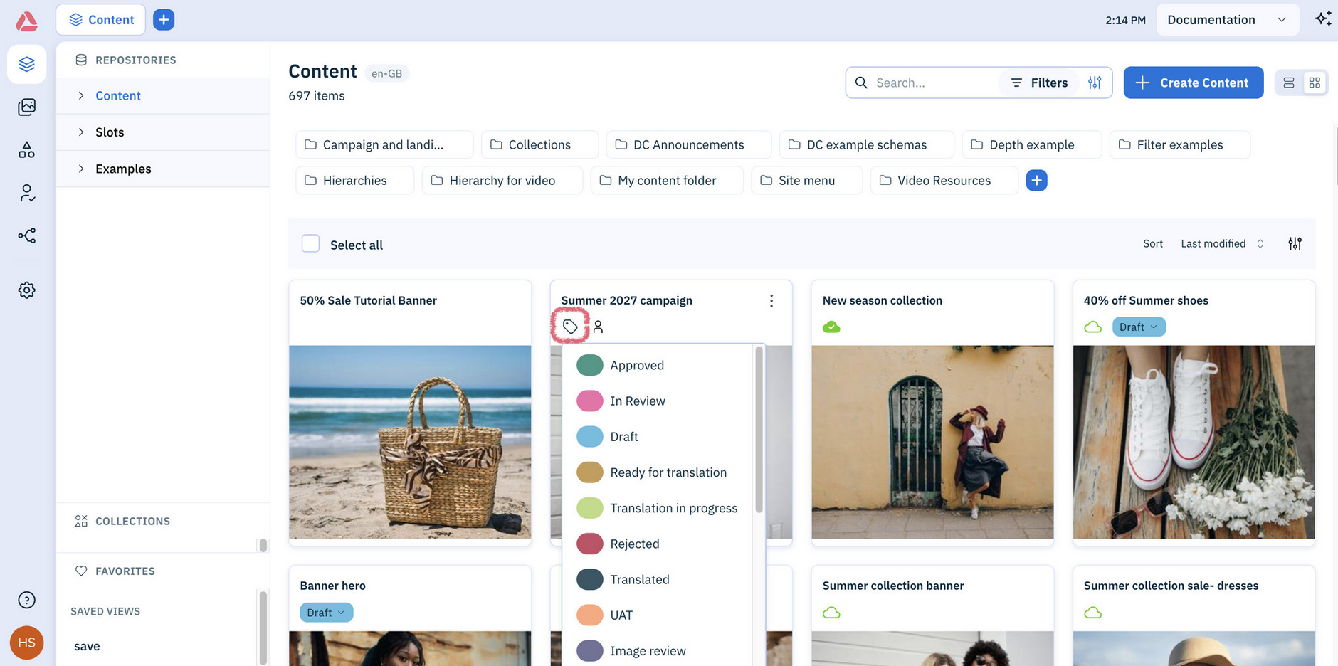Amplience platform setting a content workflow status