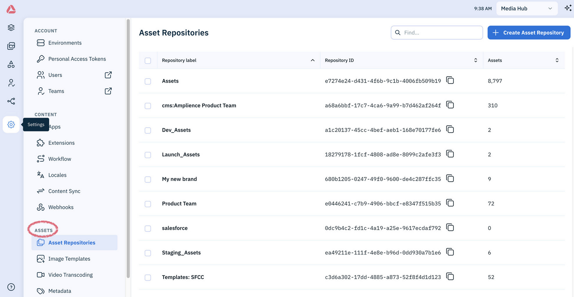 Amplience platform Settings, listing the available asset setup options