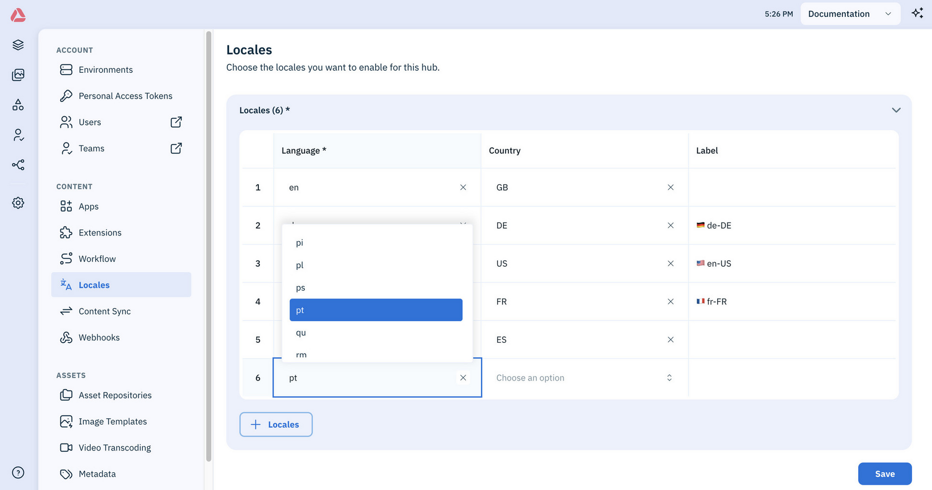 Amplience platform showing Locale settings page with a new locale being added